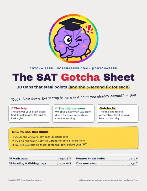 Cover of the SAT Gotcha Sheet: 30 traps that steal points, and the 3-second fix for each
